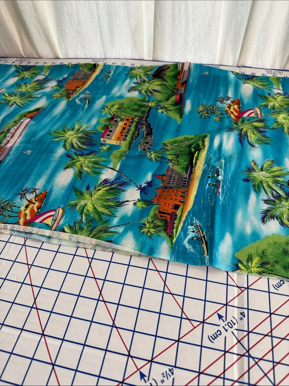 Vintage Tropical Island Scenic Fabric 1¾ Yards Palm Trees Sailboats Caribbean
